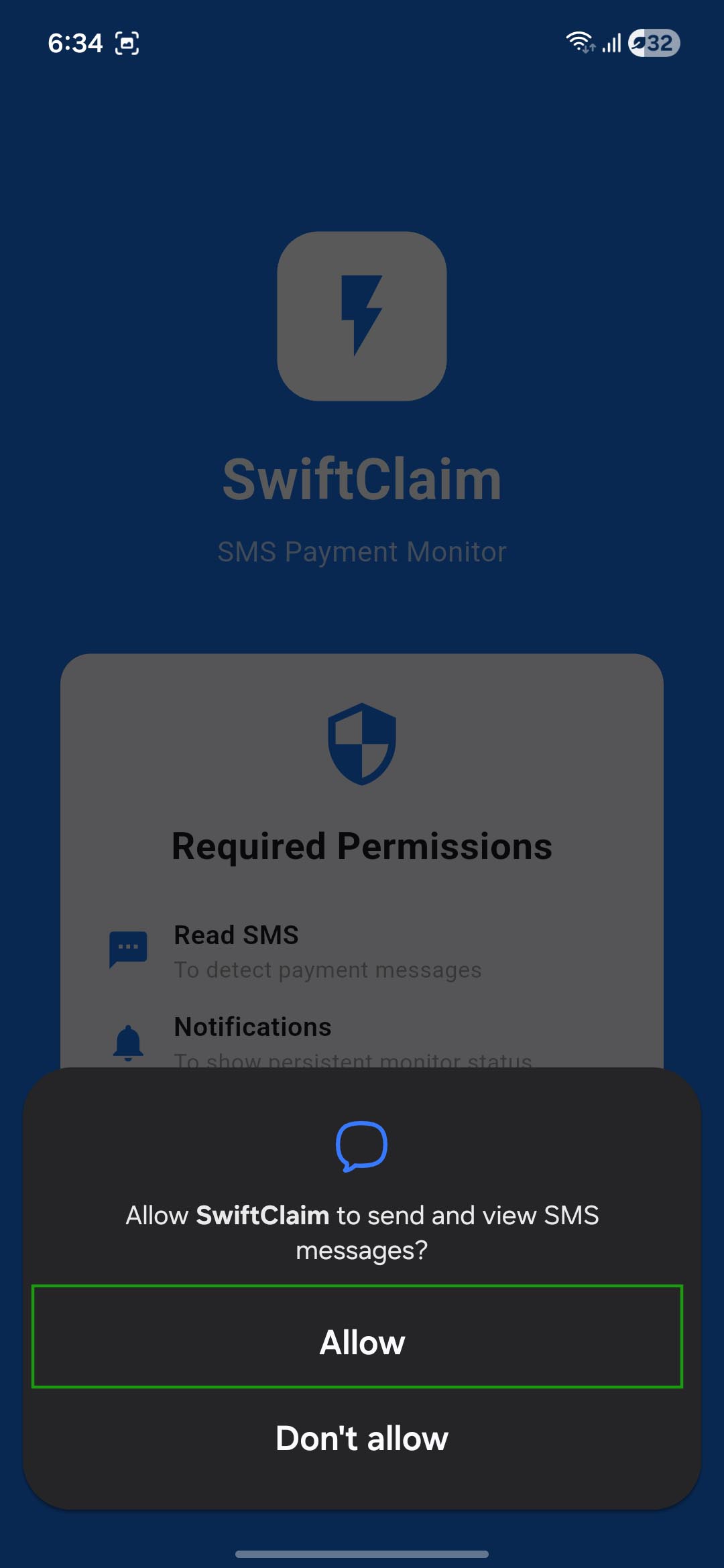 SMS permission dialog