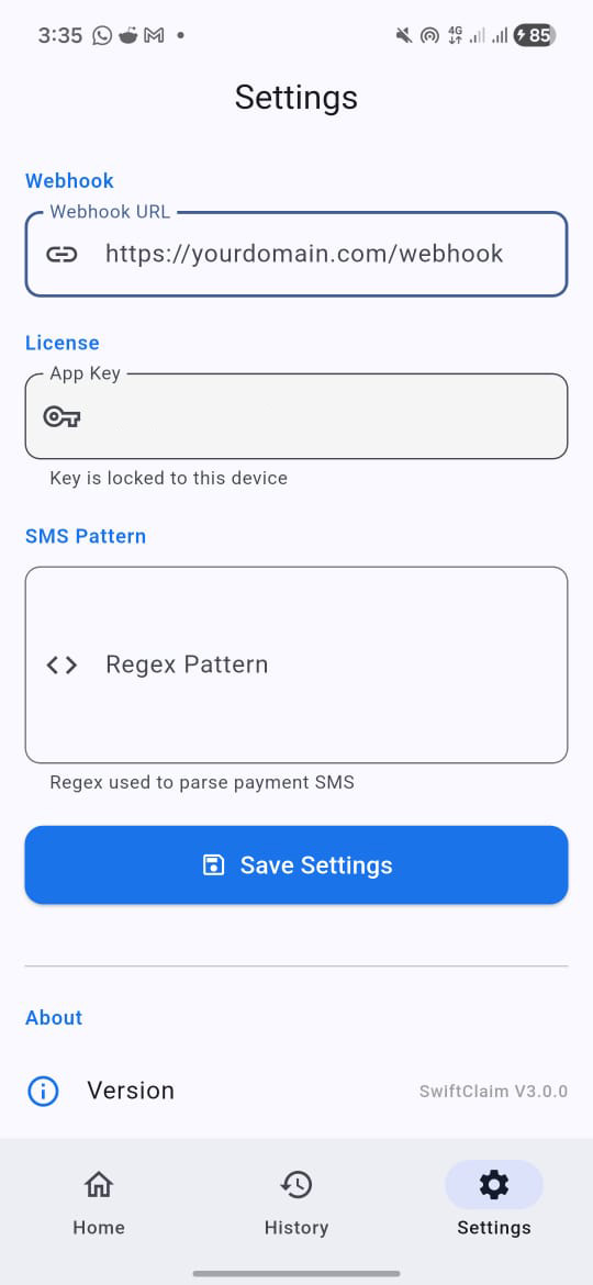 Settings button location in SwiftClaim app